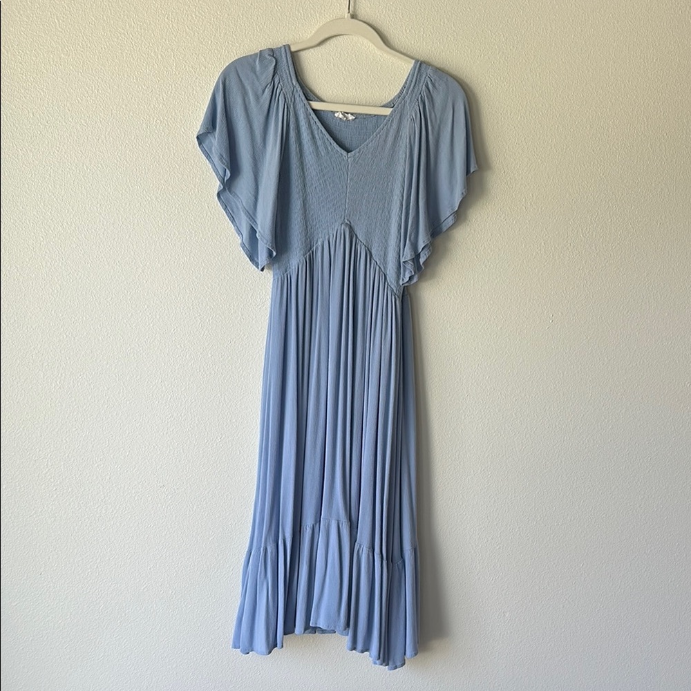 In Bloom Blue V-Neck Flutter Sleeve Midi Sundress